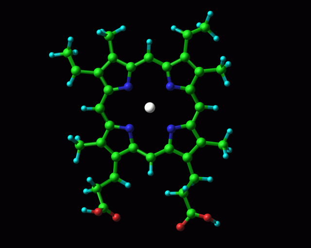 Protoporphyrin IX, as in human haemoglobin. The central position of the iron atom in haemoglobin is shown by the grey sphere, whose oxidation state can vary (+2 in native haemoglobin, +3 in denatured methaemoglobin)